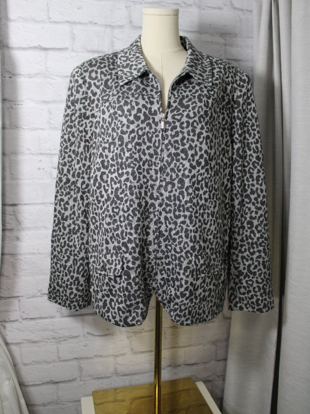 Alfred Dunner Plus 20 Leopard Print Full Zip Jacket Fall Casual Classic Metallic